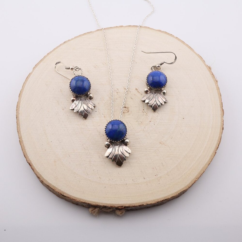 Handcrafted Zuni Lapis Lazuli Necklace‎ and Earrings Set Sterling Silver Jewelry